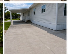 Concrete driveway beside a mobile home